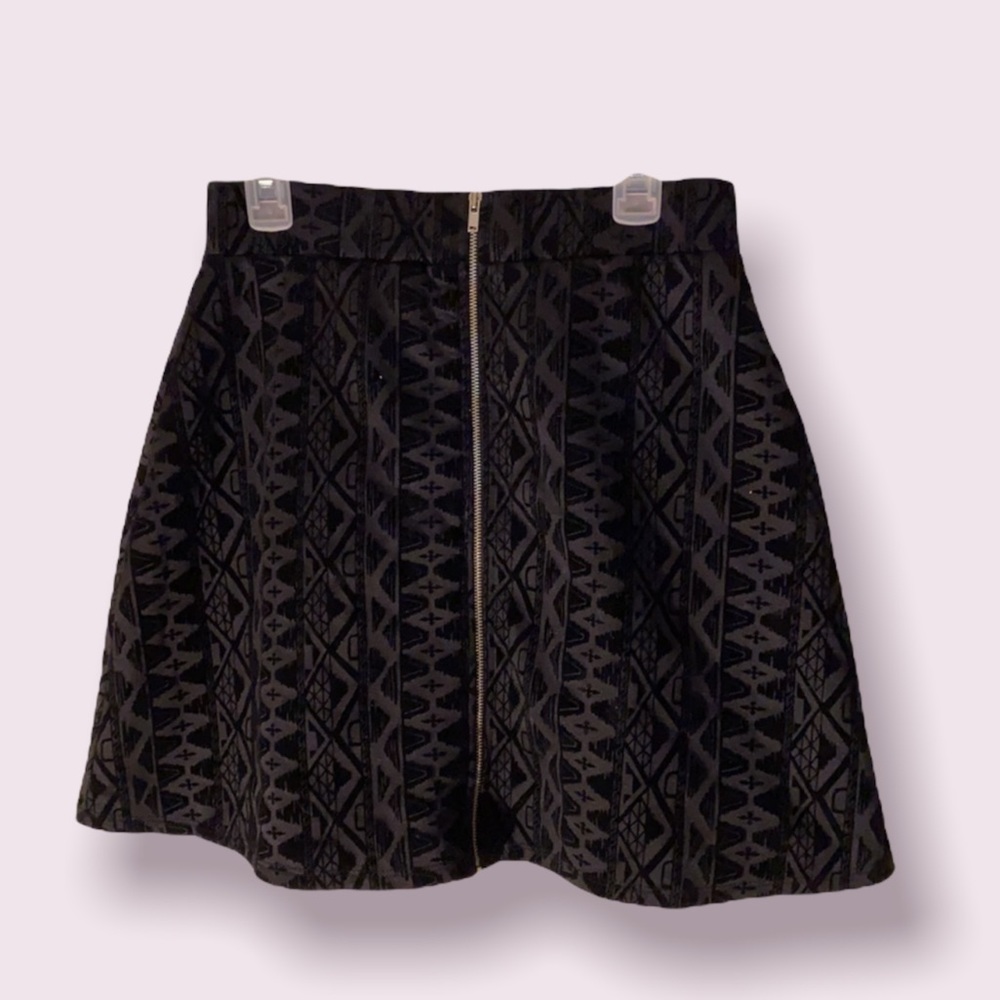 Black Velvet Highwaisted Mini Skirt with Aztec Pattern